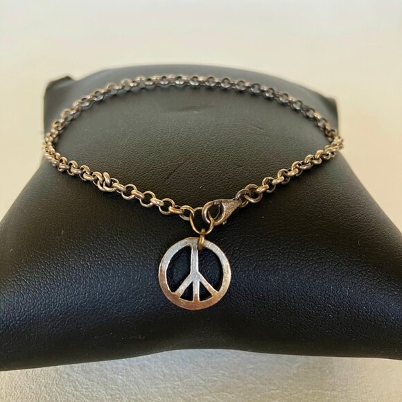 Peace Symbol Charm Bracelet Antique Silver Tone Metal Link Chain Vintage 7.5" - Picture 2 of 5